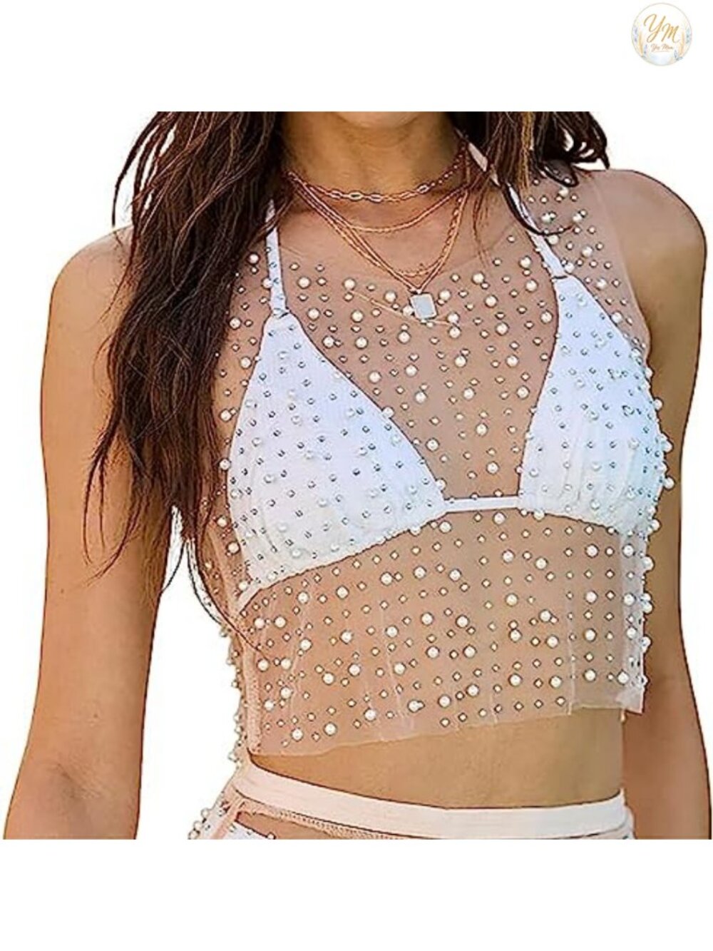 Sheer Mesh Rhinestone Crop Tank Sleeveless Crewneck Going Out Top